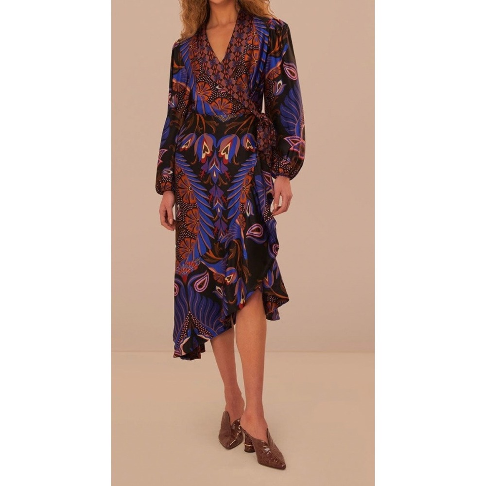 FARM Rio Madi Wrap Dress Floral Print Blue Orange‎ Black Long Sleeve Size L